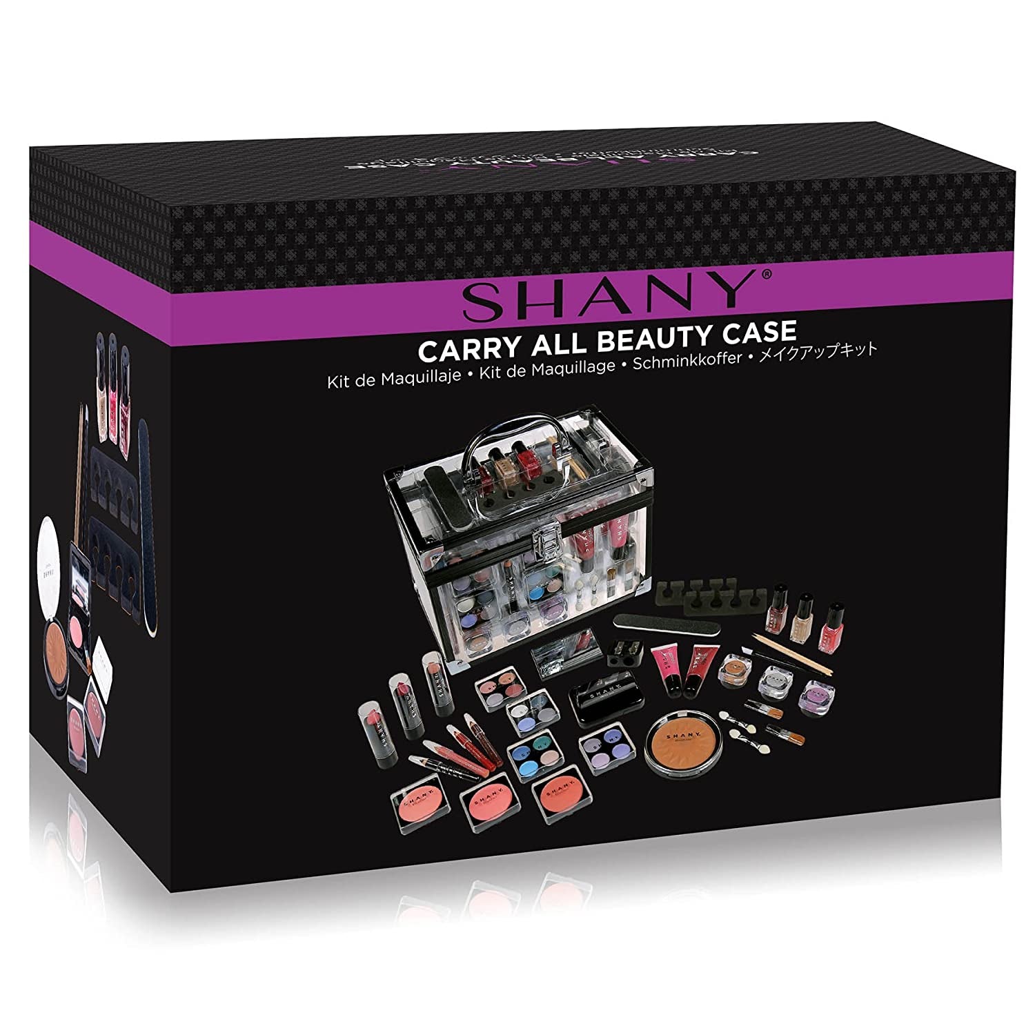 Carry All Trunk Makeup Train Case with Re-Usable Aluminum Beauty Storage Organizer Case. Make up Set with Eye Palettes, Blushes,Face Powders, Manicure, Pedicure and Cosmetics Brushes. GIFT SET