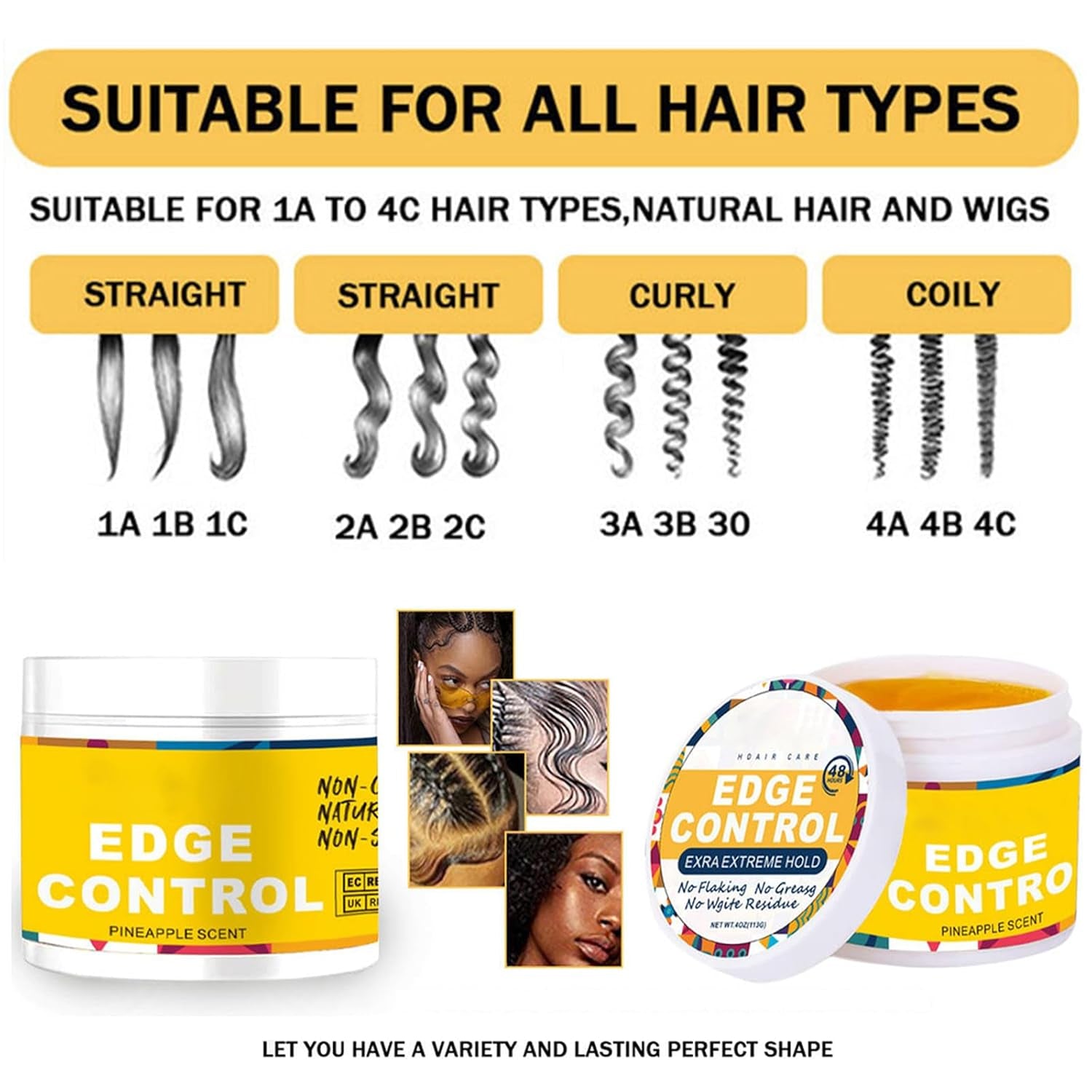 Edge Control Wax Set for Women – 48H Long-Lasting Edge Wax with 2 Brushes for All Hair Types, Strong Hold, Smooth, Non-Greasy, No Flaking No White Residue, 4Oz