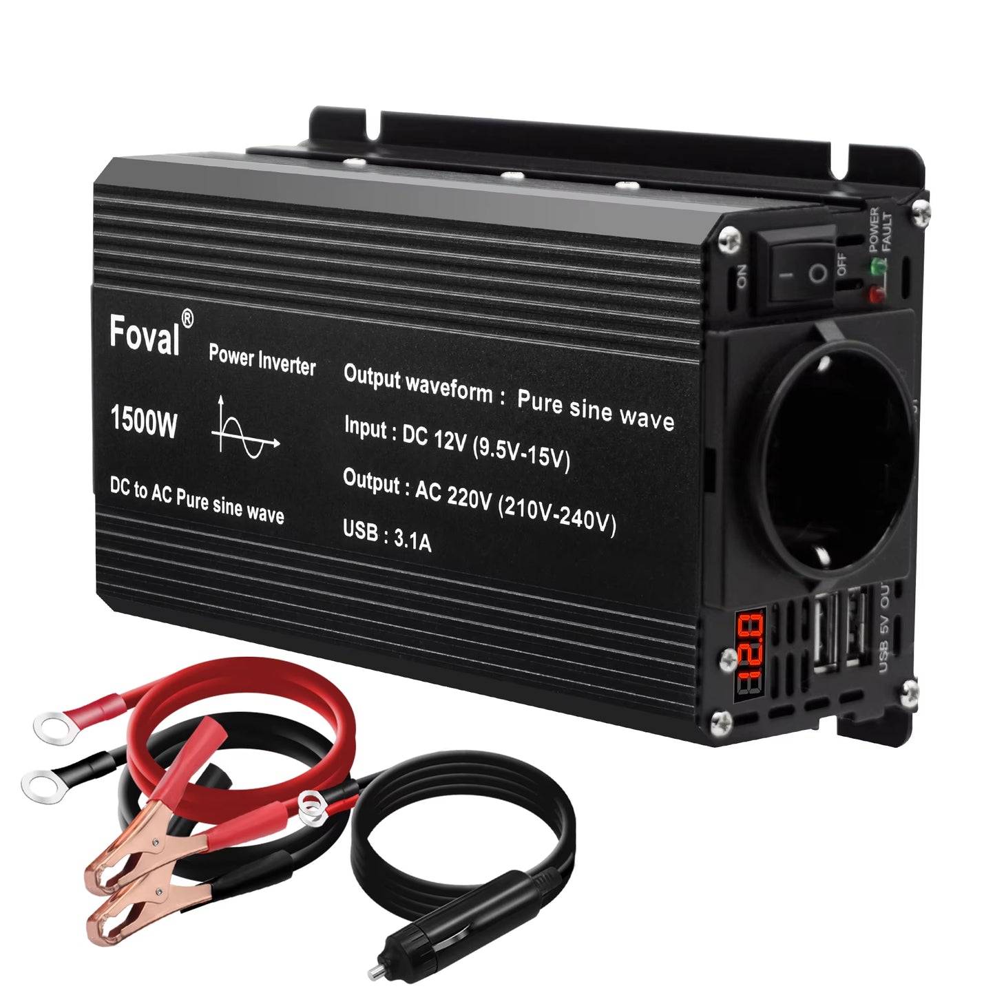 Pure Sine Wave 1000W 1500W 2200W 2600W DC 12V to AC 220V Car Power Inverter Adapter Converter with 3.1A Dual USB Eu/Universal