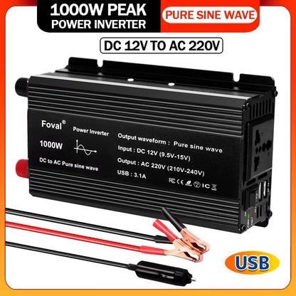 Pure Sine Wave 1000W 1500W 2200W 2600W DC 12V to AC 220V Car Power Inverter Adapter Converter with 3.1A Dual USB Eu/Universal