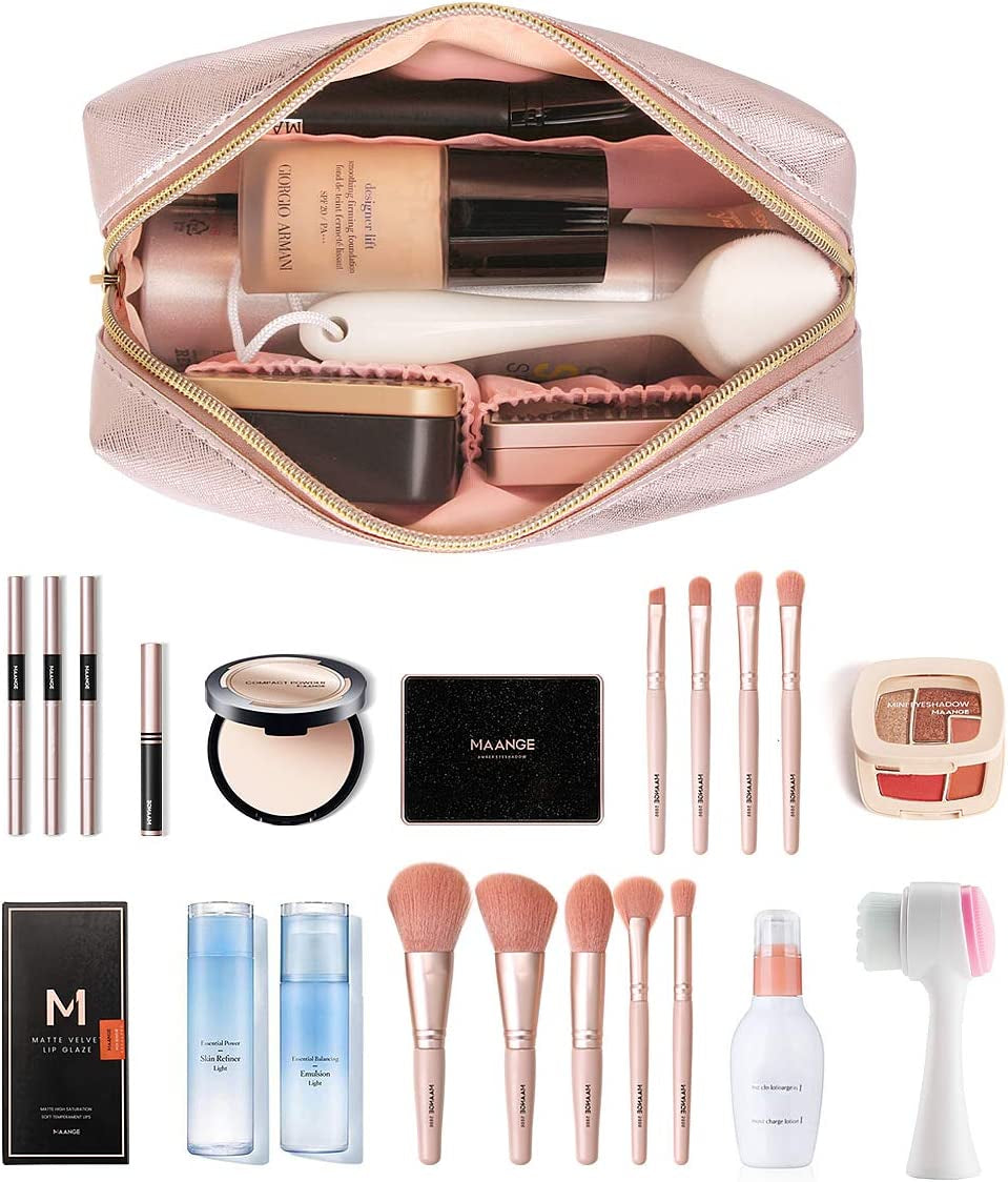 3 Pcs Makeup Bag Portable Travel Cosmetic Bag Large Makeup Bag Organizer with Gold Zipper Waterproof Toiletry Bags for Women and Girls(Rose Gold)